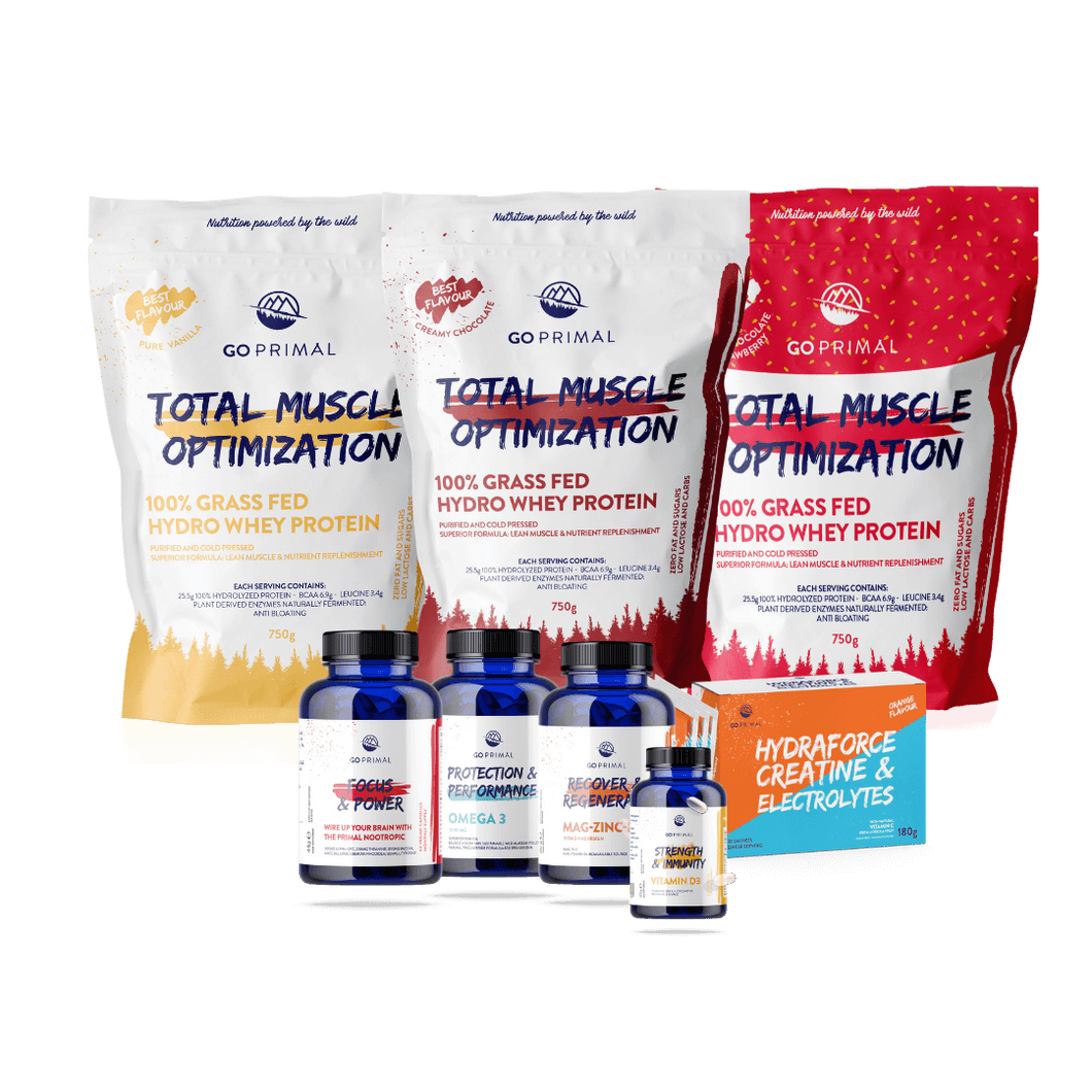 The complete health pack includes all essential athlete's supplements like protein, creatine, Omega-3, vitamins, minerals and nootropics